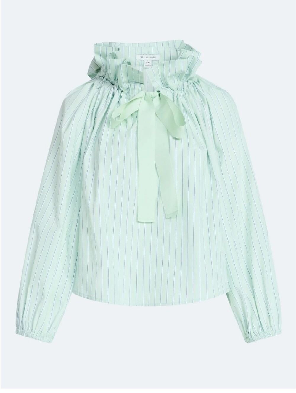 Free Assembly Women's Ruffle Tie Neck Cotton Top with Long Puff Sleeves,